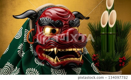 一幅雄偉的傳統新年畫面，展現了大型舞獅表演和門松裝飾。 134097782