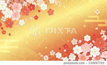 精美的日式相框設計，金色背景點綴著優雅的櫻花。 134097785