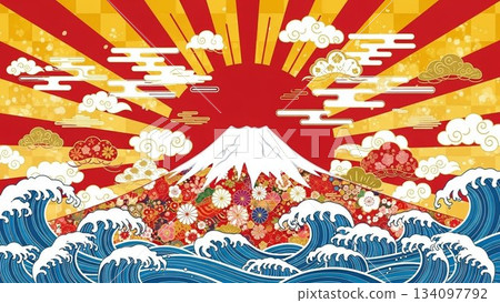 Auspicious Japanese-style illustration design featuring a spectacular first sunrise and a sea bream Auspicious Japanese-style illustration design featuring a spectacular first sunrise and a sea bream 134097792