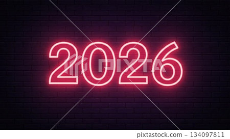 黑色背景上的閃亮2026霓虹燈數位設計 黑色背景上的閃亮2026霓虹燈數位設計 134097811