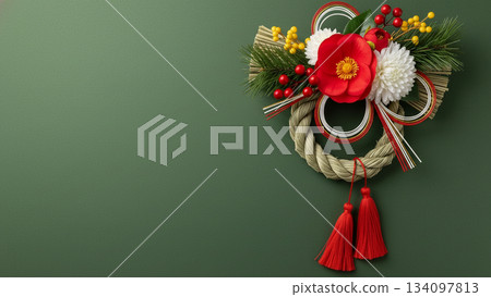 綠色背景下，一道華麗的新年註連繩裝飾格外引人注目。 134097813