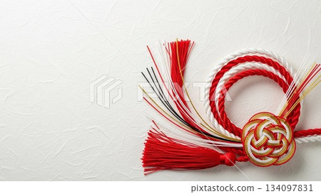 一張簡單的新年圖片,紅色水引和長壽裝飾品排列在白色背景上。 一張簡單的新年圖片,紅色水引和長壽裝飾品排列在白色背景上。 134097831