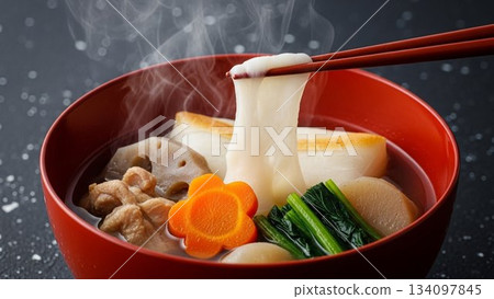 Image of steaming ozoni and rice cakes as a warm New Year's dish 134097845