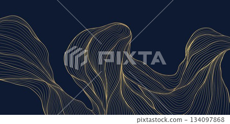 Elegant abstract vector background, gold waves, smooth linear curves, Japanese deco elements. Premium wavy pattern, ocean, soft organic shapes, geometric flow, cover design. 134097868