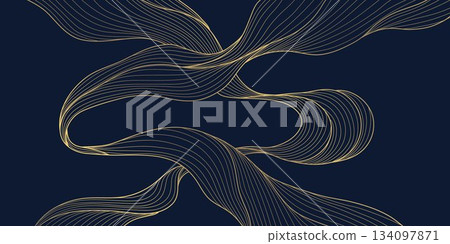 Elegant abstract vector background, gold waves, smooth linear curves, Japanese deco elements. Premium wavy pattern, ocean, soft organic shapes, geometric flow, cover design. 134097871