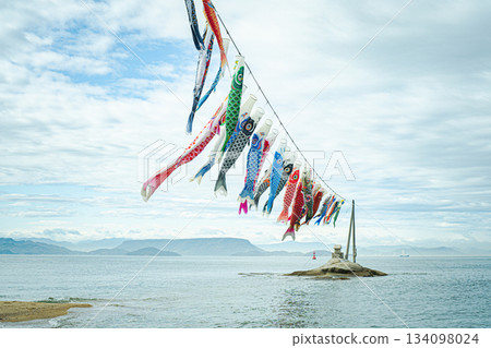 Carp streamers flying across the sea and blue sky Carp streamers flying across the sea and blue sky 134098024