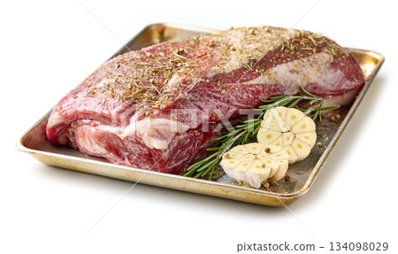 fresh raw pork neck meat with garlic and spices fresh raw pork neck meat with garlic and spices 134098029