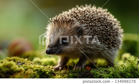 Curious Hedgehog Exploring Mossy Forest Floor in Soft Natural Light, Serene Nature Scene 134098178