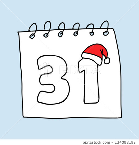 A tear-off calendar page with the number 31 December decorated with a Santa hat, symbolizing the eve of Christmas and New Year, for a greeting card. Calendar with the date 31 December doodle style 134098192
