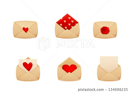 Retro envelope love letter, romantic open and closed envelopes with cards, letters, various elements. Vintage coquette love day or wedding greeting  134098235