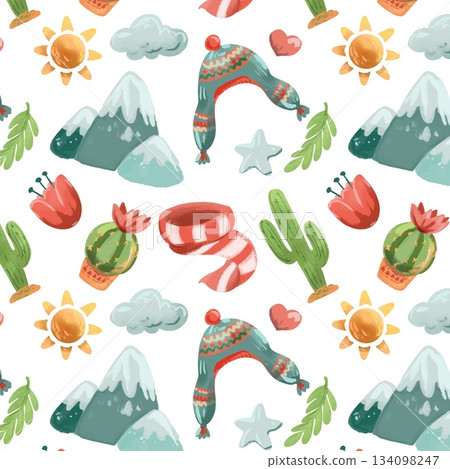 Hand drawn vector seamless pattern with peruvian and mounain travel items on white background Hand drawn vector seamless pattern with peruvian and mounain travel items on white background 134098247