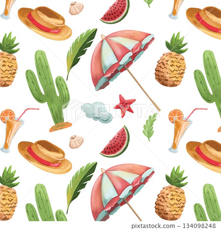 Hand drawn vector seamless pattern with beach amenities on white background Hand drawn vector seamless pattern with beach amenities on white background 134098248
