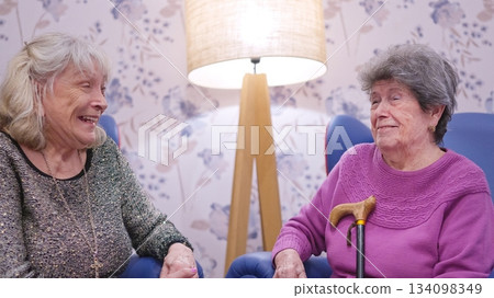 Senior women enjoying conversation and friendship in a nursing home 134098349