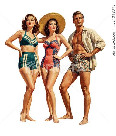 身穿 20 世紀 50 年代復古風格泳裝的男女——夏季海灘時尚插畫素材 身穿 20 世紀 50 年代復古風格泳裝的男女——夏季海灘時尚插畫素材 134098373