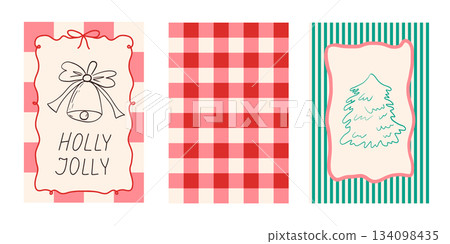 Contemporary Coquette Merry Christmas and Happy New Year greeting Posters vector Set. Whimsical bell and Christmas tree in trendy Coquette style. XMAS art with Bows and Ribbons 134098435