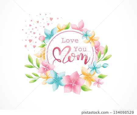 Watercolor style flower frame, round frame, mother's day wide and wide announcement sea report material sheet, also applicable to Women's Day, Lover's Day, Anniversary, Weekly Year, Wedding 134098529