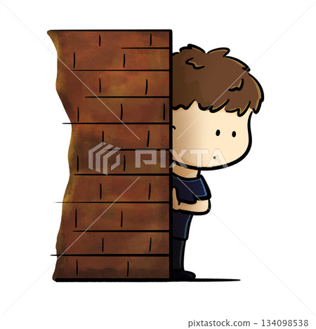 Little boy stands behind a brick wall and peeks cartoon illustration Little boy stands behind a brick wall and peeks cartoon illustration 134098538