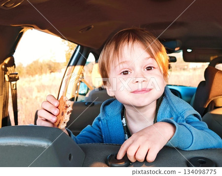 Adorable young child with light hair smiles mischievously while holding and biting a chocolate chip cookie, seated in a car with scenic outdoor view through window. Concept of family travel snack time Adorable young child with light hair smiles mischievously while holding and biting a chocolate chip cookie, seated in a car with scenic outdoor view through window. Concept of family travel snack time 134098775