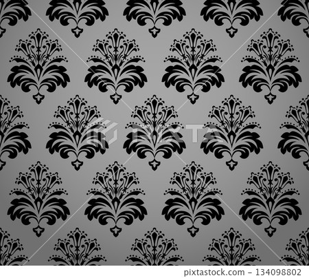 Wallpaper in the style of Baroque. Gray and black floral ornament. Seamless vector background. Graphic pattern for fabric, wallpaper, packaging. Ornate Damask flower illustration Wallpaper in the style of Baroque. Gray and black floral ornament. Seamless vector background. Graphic pattern for fabric, wallpaper, packaging. Ornate Damask flower illustration 134098802