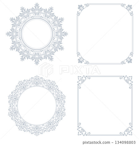 Set of decorative frames Elegant vector element for design in Eastern style, place for text. Floral gray and white borders. Lace illustration for invitations and greeting cards Set of decorative frames Elegant vector element for design in Eastern style, place for text. Floral gray and white borders. Lace illustration for invitations and greeting cards 134098803
