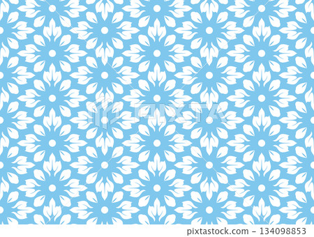 Flower geometric pattern. Seamless vector background. White and blue ornament. Ornament for fabric, wallpaper, packaging. Decorative print Flower geometric pattern. Seamless vector background. White and blue ornament. Ornament for fabric, wallpaper, packaging. Decorative print 134098853