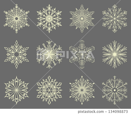 Snowflakes icon collection. Graphic modern beige and gray ornament 134098873