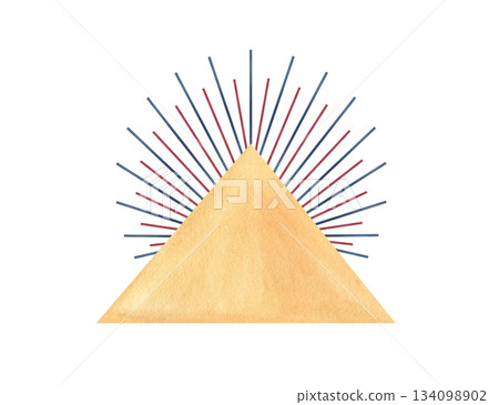Pyramid triangle and graphic sun rays flows of spiritual energy. Abstract symbol. Watercolor clip art isolated from background with empty template. Illustration of sacred concept. For your design 134098902