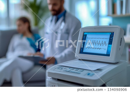 Medical professionals check a patient's heart rhythm while she relaxes on a couch in a clinic setting 134098906