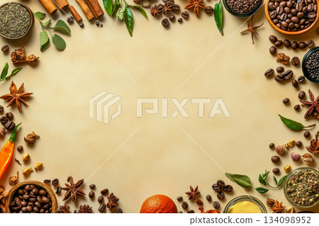 Different spices and herbs are placed around a blank surface, highlighting various colors and textures in preparation for cooking 134098952
