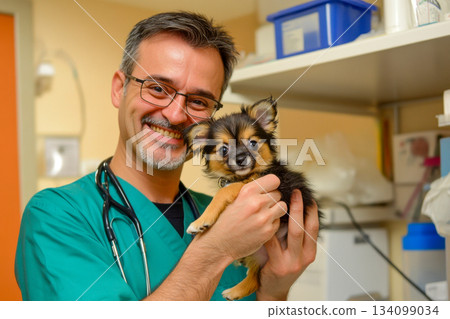 A veterinarian smiles while holding a small dog in a clinic setting during a visit. The scene shows care and attention to the pet 134099034