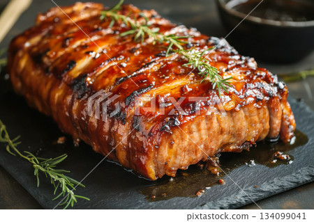 A large piece of grilled meat sits on a black tray with sauce. Green herbs decorate the top in a backyard setting during summer 134099041