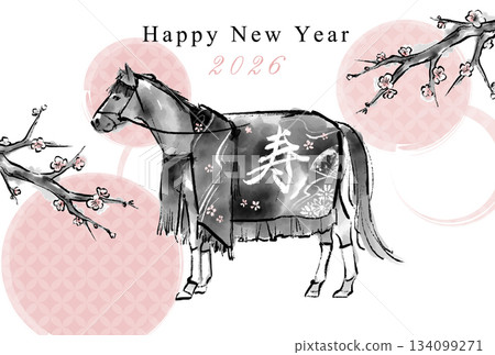 2026 Year of the Horse - Ink painting of a horse and plum tree - Japanese-style New Year's card template - Vector material 2026 Year of the Horse - Ink painting of a horse and plum tree - Japanese-style New Year's card template - Vector material 134099271
