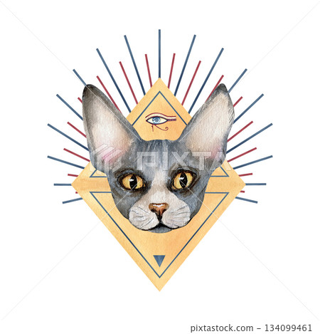 Sphynx cat head, abstract pyramid triangle, graphic sun rays, eye of Horus. Sacred animal symbol. Hand drawn watercolor isolated clip art. Illustration of spiritual concept. Ancient icon, goddess. Sphynx cat head, abstract pyramid triangle, graphic sun rays, eye of Horus. Sacred animal symbol. Hand drawn watercolor isolated clip art. Illustration of spiritual concept. Ancient icon, goddess. 134099461