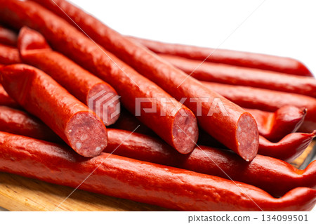 Smoked sausages close-up 134099501
