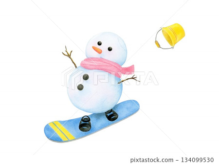 Colored pencil drawing: A snowman about to fall off a snowboard 134099530