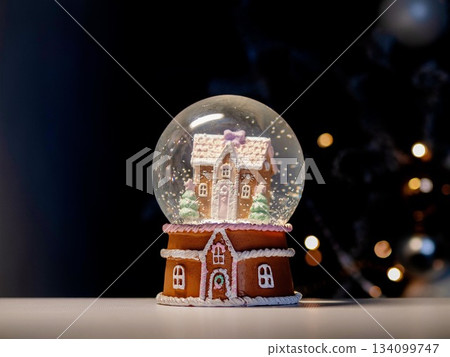 Delicate snow globe featuring holiday sweets and glowing lights 134099747