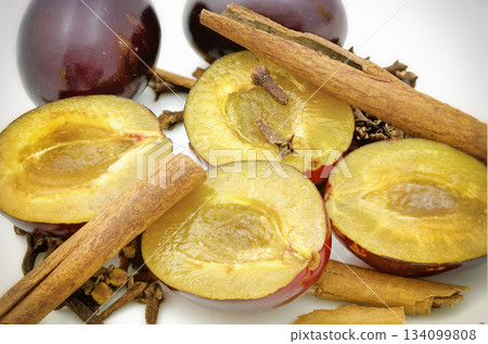 Halved plums Halved plums 134099808
