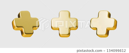 Metallic 3D plus sign gold vector geometric shape element. Metallic 3D plus sign gold geometric shape isolated background. Shape element graphic illustration template. 134099812