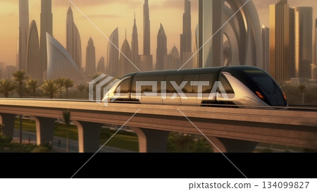 high-speed train speeding through a cityscape 134099827