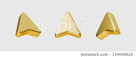 Set gold 3D arrows icon vector navigation element graphic design. Navigation gold arrows 3D icon isolated background. Icon element interface design template asset. 134099828