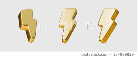 Set gold lightning bolts vector premium element illustrating powerful energy. Gold lightning bolts 3D texture metal element logo design. Power symbol template isolated white background. Set gold lightning bolts vector premium element illustrating powerful energy. Gold lightning bolts 3D texture metal element logo design. Power symbol template isolated white background. 134099829