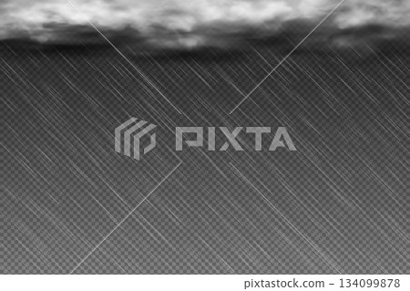 Raindrop effect and heavy clouds, rain overlay on dark transparent background, realistic rain at night time weather 134099878