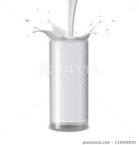 Realistic full glass with splashes and flowing milk. 134099930
