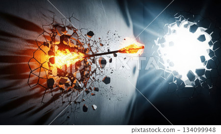 Fierce celestial event featuring fiery and icy fragments dispersing rapidly Fierce celestial event featuring fiery and icy fragments dispersing rapidly 134099948