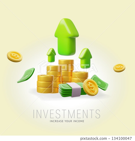 Growth arrows chart with money cash, Increase your income 3D vector poster, dollar coins and bills, finance, investment 134100047