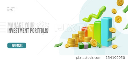 Growth arrow chart with money cash, Manage investment portfolio, Increase your income 3D vector banner, coins bills 134100050