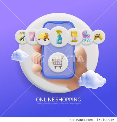 3D online shopping poster with a hand holding a smartphone, a shopping cart, and products. 3D online shopping poster with a hand holding a smartphone, a shopping cart, and products. 134100056