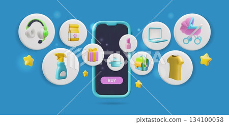 Marketplace app service 3D cartoon vector, online shopping on smartphone screen, internet store shop goods purchasing Marketplace app service 3D cartoon vector, online shopping on smartphone screen, internet store shop goods purchasing 134100058