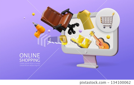 Online shopping on computer screen, marketplace app and web service 3D vector cartoon plastic style, goods purchasing Online shopping on computer screen, marketplace app and web service 3D vector cartoon plastic style, goods purchasing 134100062