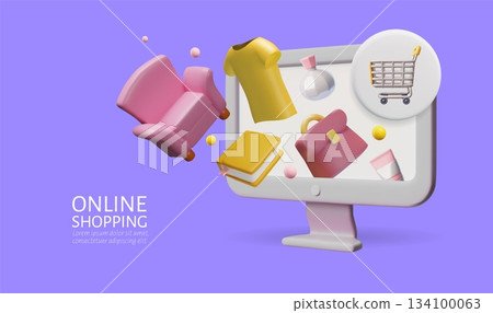 Online shopping banner with a computer monitor and products flying out of the screen. Online shopping banner with a computer monitor and products flying out of the screen. 134100063